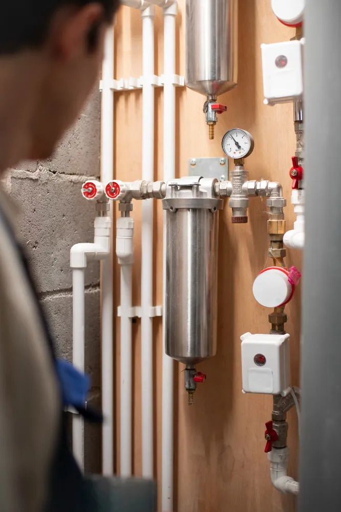 Hot water isolation valves and pressure gauge