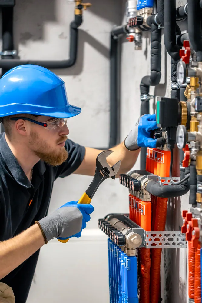 Plumber working on a hot water installation